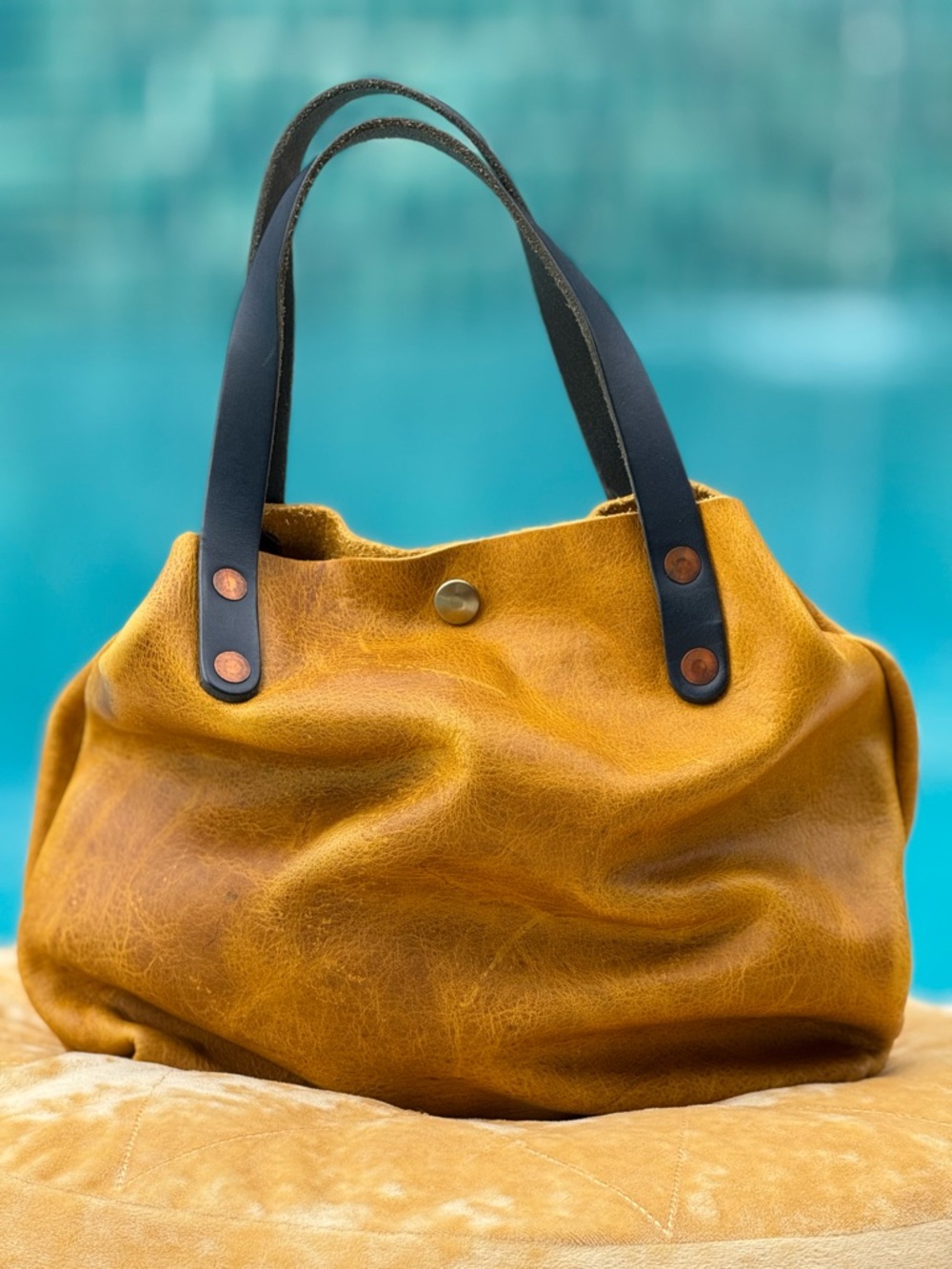 KMM & CO Yellow Bison mini tote navy handles Handcrafted